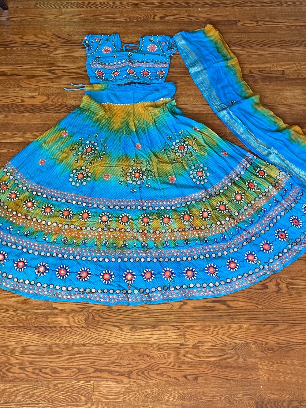 Ethnic Indian Wear Turquoise Blue & Yellow Tie-Dye Lehenga Choli Set